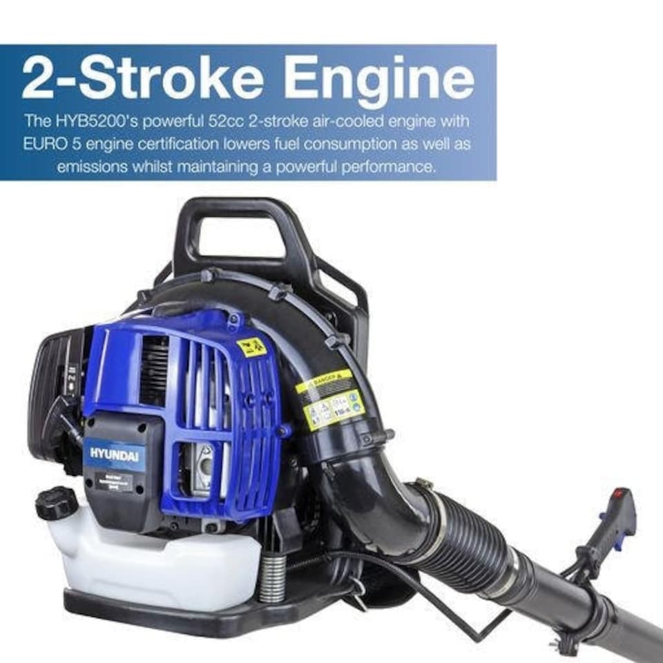 image 1 of Hyundai 52cc Backpack Petrol Leaf Blower, 170mph Air Speed, 2-Stroke HYB5200