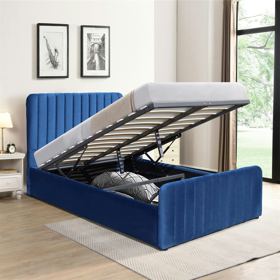 image 1 of Ottoman Storage Bed blue 4ft6 Big Double velvet bed gas lift up Storage Bed and 1 Mattress bedroom furniture