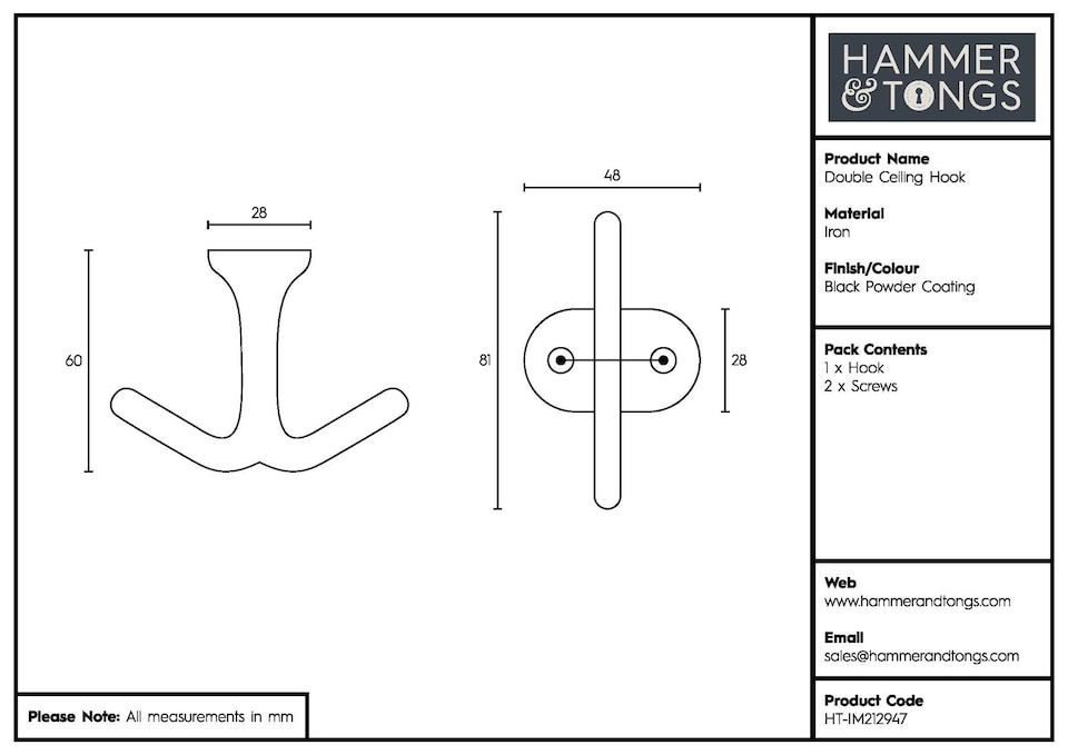 image 1 of Hammer & Tongs Double Ceiling Hook - W80mm x H60mm - Black