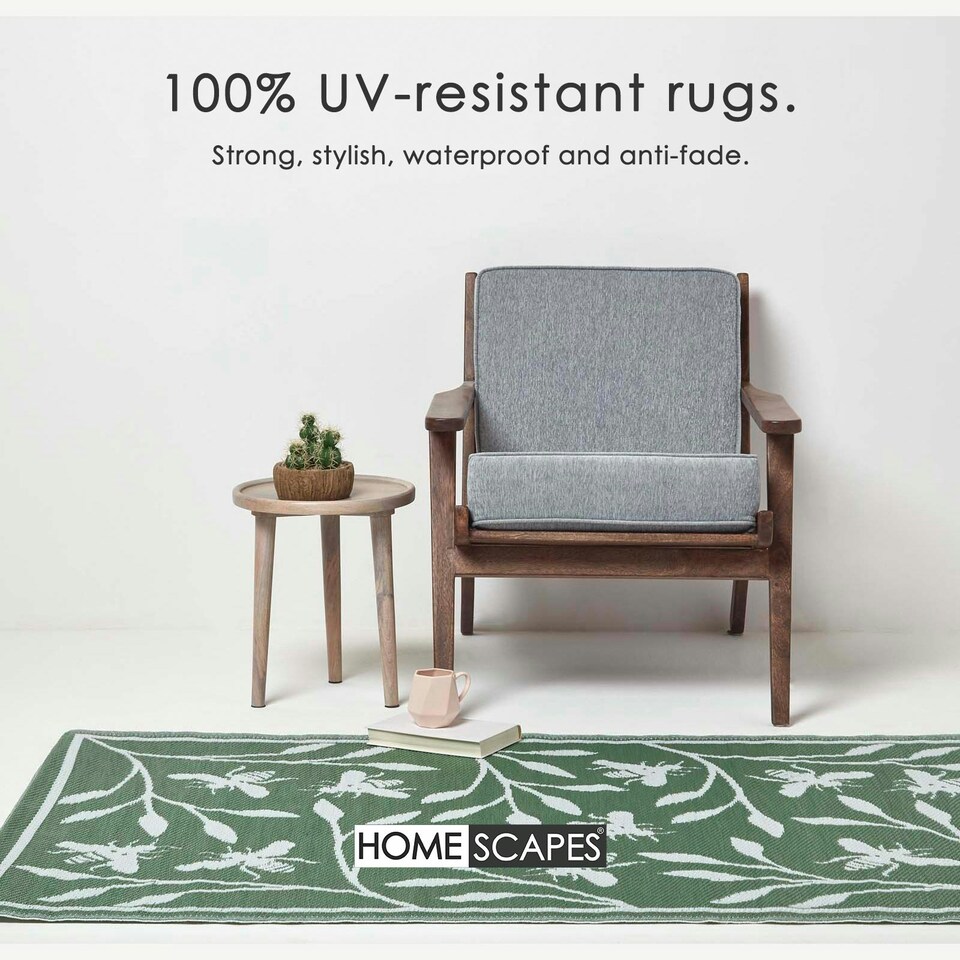 image 1 of Homescapes Outdoor Rug Luxury Waterproof Reversible, 182 x 122 cm, Green, Floral Bee Green | 122 x 182 cm