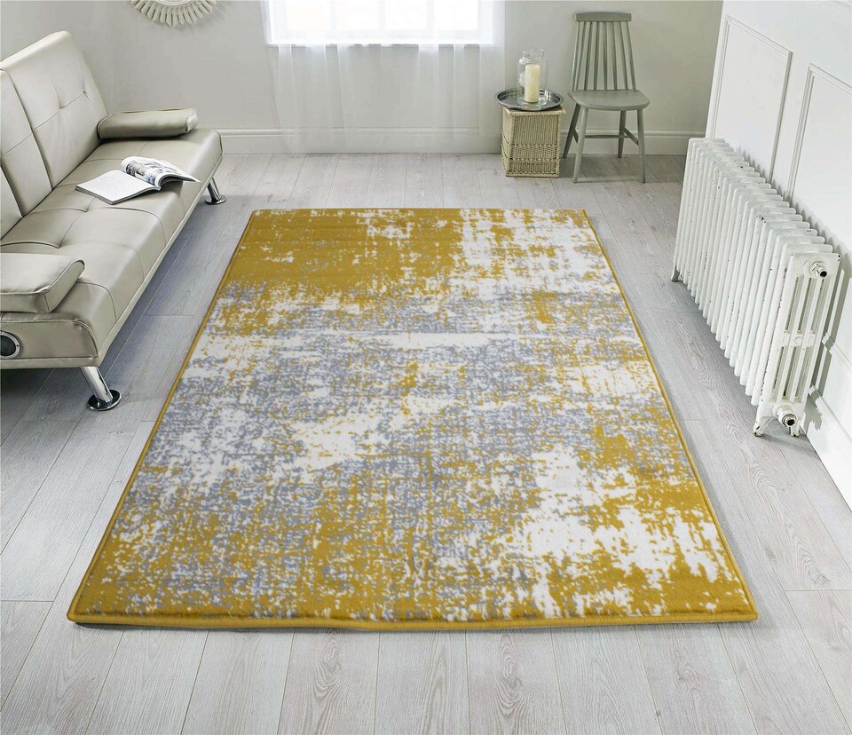image 1 of KUKOON Yellow Ochre Grey Distressed Abstract Living Area Rug 240cm x 330cm