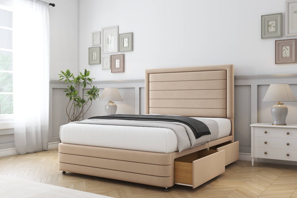 image 1 of Sloomy Ashford Pebble Plush Divan Bed Base 2 Drawers Right Side With 54 Inch Floor Standing Headboard & 12 Inch Matching Footboard | Brown | Pebble | King | 1
