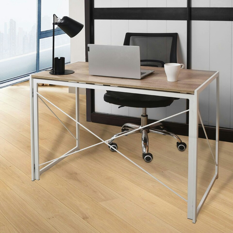 image 1 of Folding Desk Computer White Frame Rustic Wood Foldable Study Table Laptop Office Space White