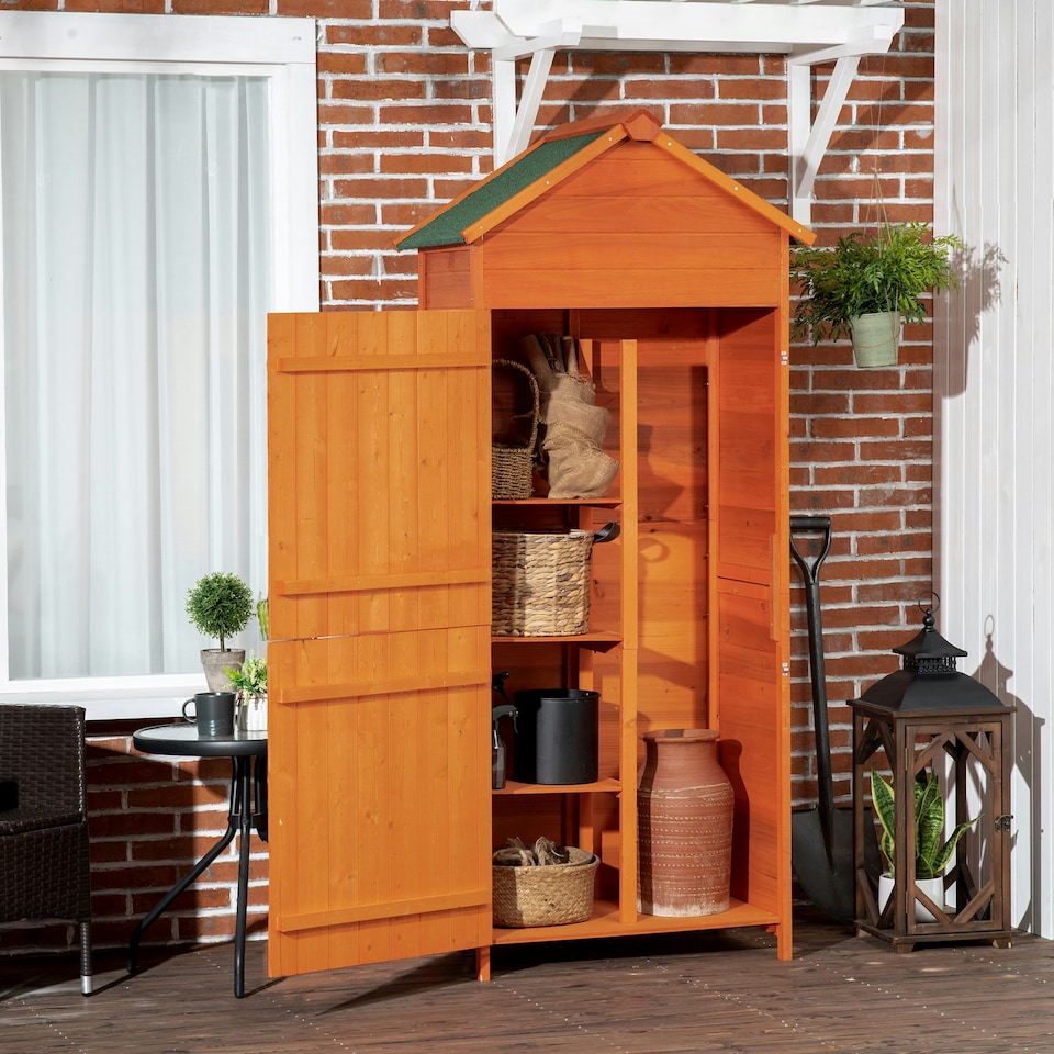 image 1 of Outsunny Wooden Garden Shed Outdoor Shelves Utility Tool Storage Cabinet Orange