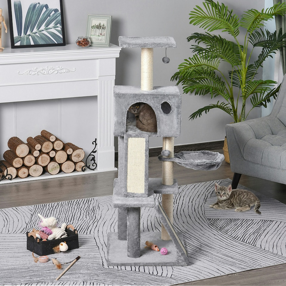image 1 of PawHut 130cm Cat Tree Activity Center Condo with Scratching Post Light Grey