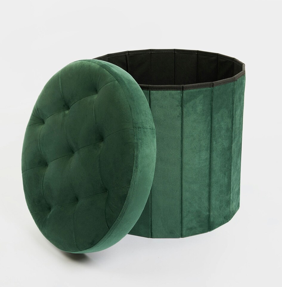 image 1 of OHS Matte Velvet Soft Round Foldable Footstool Seat Storage Organiser Ottoman | Green | Forest Green