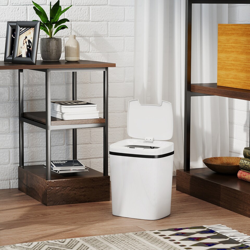 image 1 of HOMCOM 15L Sensor Bin, Automatic Touchless Kitchen Bin with Dual-Mode Opening, Easy Clean, Battery Operated for Home Office, Bedroom, Bathroom, White | White | White