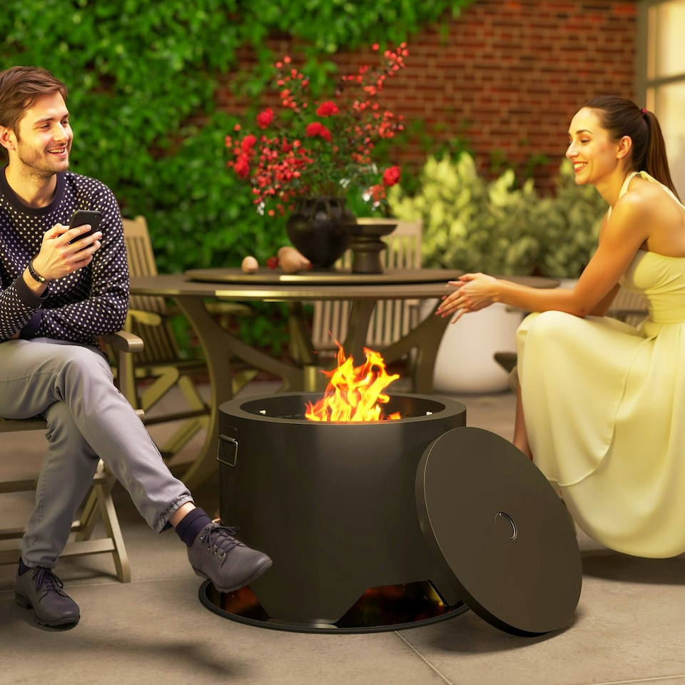 image 1 of Outsunny Outdoor Round Fire Pit with Lid, Firepit with Fire Poker, Black
