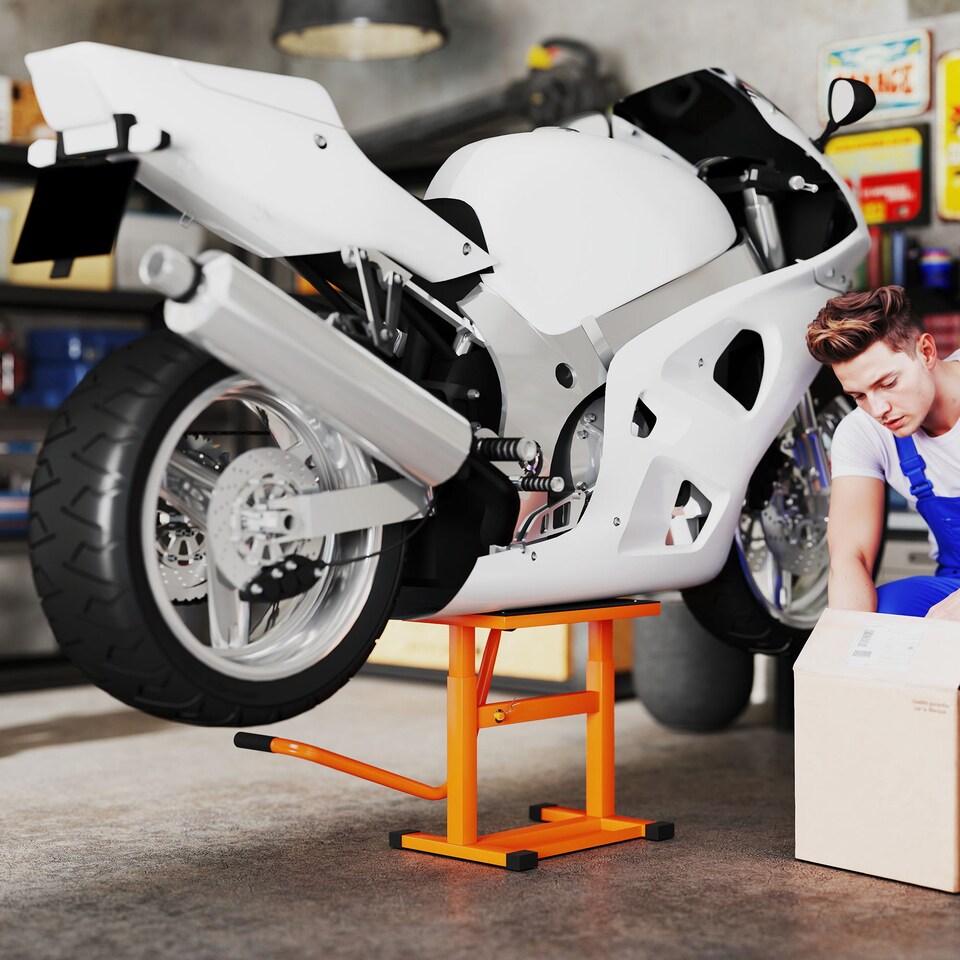 image 1 of DURHAND 150KG Steel Motorcycle Lift Rubber Platform, Crank Lift Manual Repair Clean Hoist Table Assist Off-Road Dirt Bike Stand, 27.5/39.5H cm, Orange