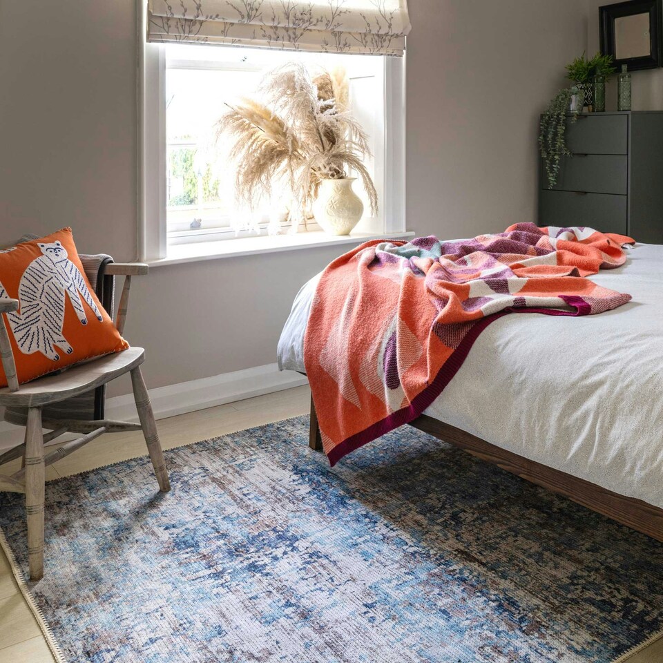image 1 of KUKOON Blue Grey Distressed Abstract Non Slip Washable Low Pile Rug 120cm x 170cm Blue
