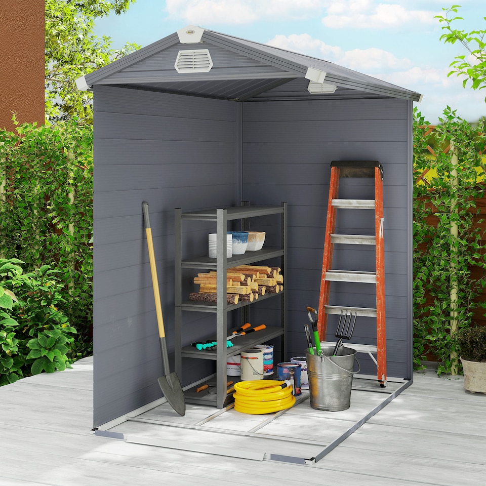 image 1 of Outsunny 4 x 6ft Plastic Garden Storage Shed with Foundation Kit, Polypropylene Outdoor Storage Tool House with Ventilation Slots and Lockable Door, Grey