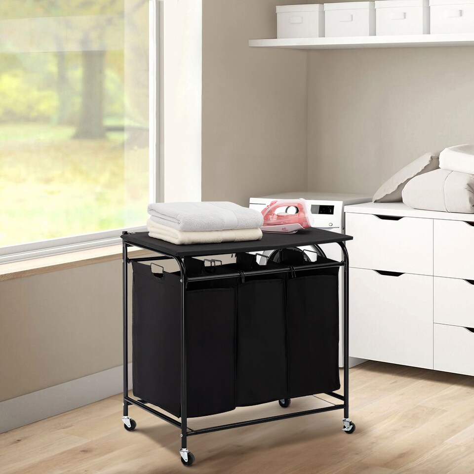 image 1 of Living and Home Triple Bag Rolling Laundry Sorter with Lift-up Ironing Board
