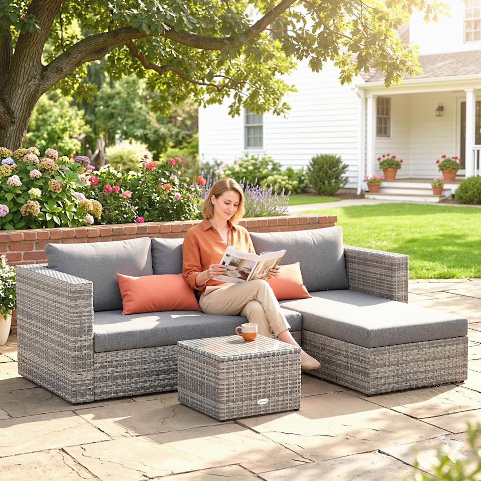image 1 of Outsunny 3 PCS Outdoor PE Rattan Chaise Lounge Furniture Sofa Set w/ Cushions