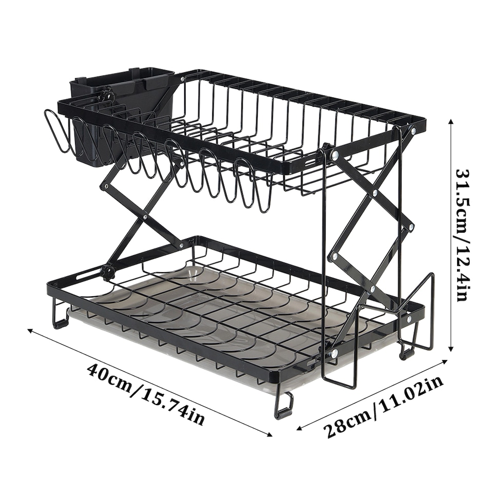 image 1 of Living and Home Foldable 2-Tier Dish Drying Rack with a Drip Tray | Black
