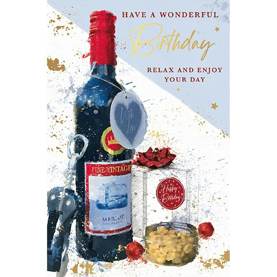 Words 'n' Wishes Male Happy Birthday Card Red Wine Bottle Snacks