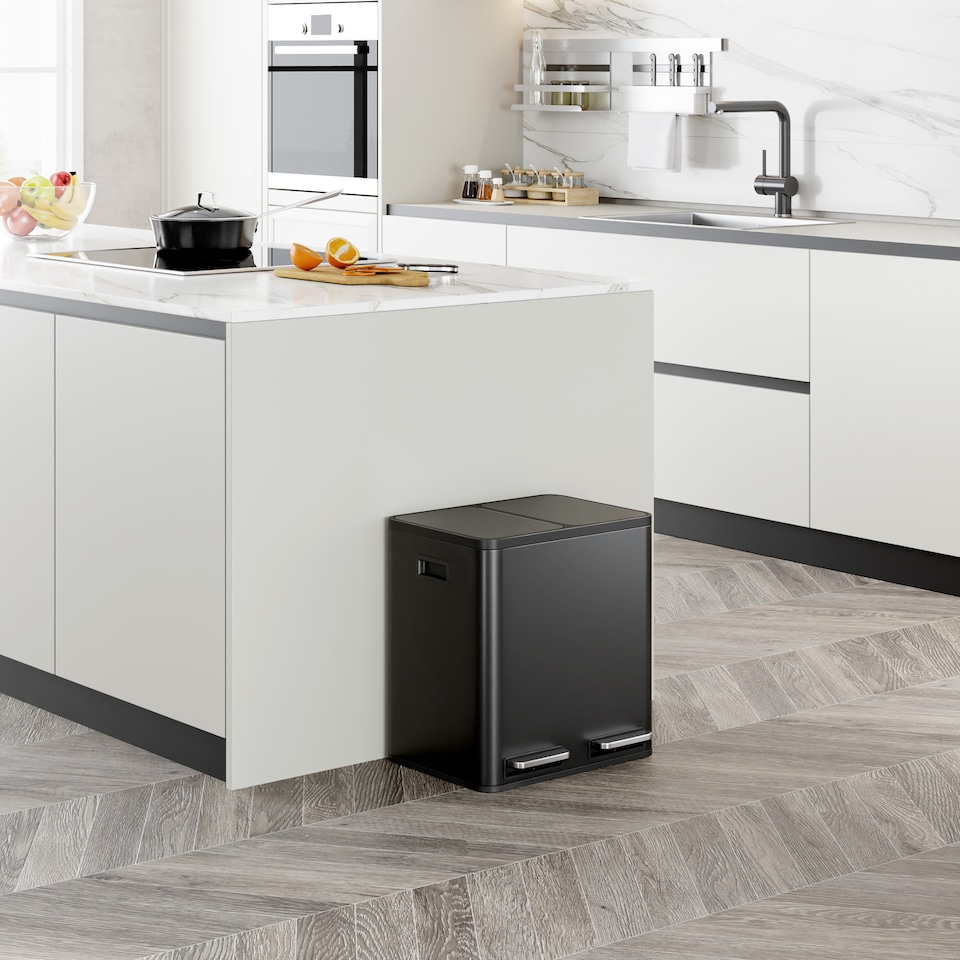 image 1 of VonHaus Cream 30L Waste & Recycling Kitchen Bin, 2 x 15L Black Compartment Pedal Bin w/ Non Slip Base, Removable In-Bins | Black | Matte Black | 45L