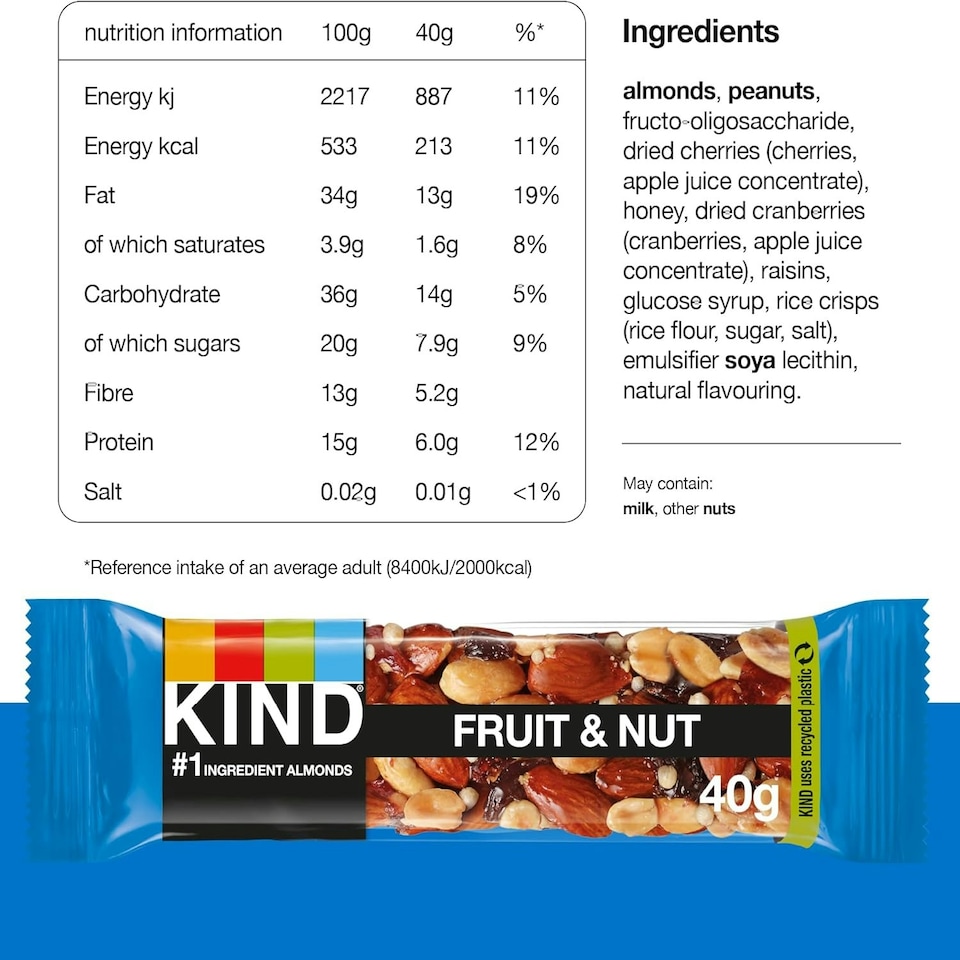 image 1 of KIND Bars, Gluten Free Snack Bars, Fruit & Nut, High Fibre, Healthy Snack, No Artificial Colours, Flavours or Preservatives, Multipack 24 x 40g