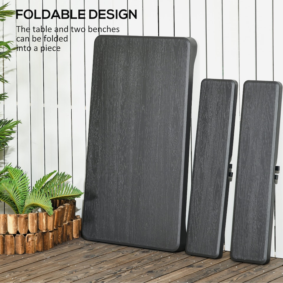 image 1 of Outsunny Folding Picnic Table with 2 Benches, 3Piece Portable Garden Furniture Set for 4, Dining Table Set with Plastic Top, Steel Frame, Dark Grey | Grey | 1