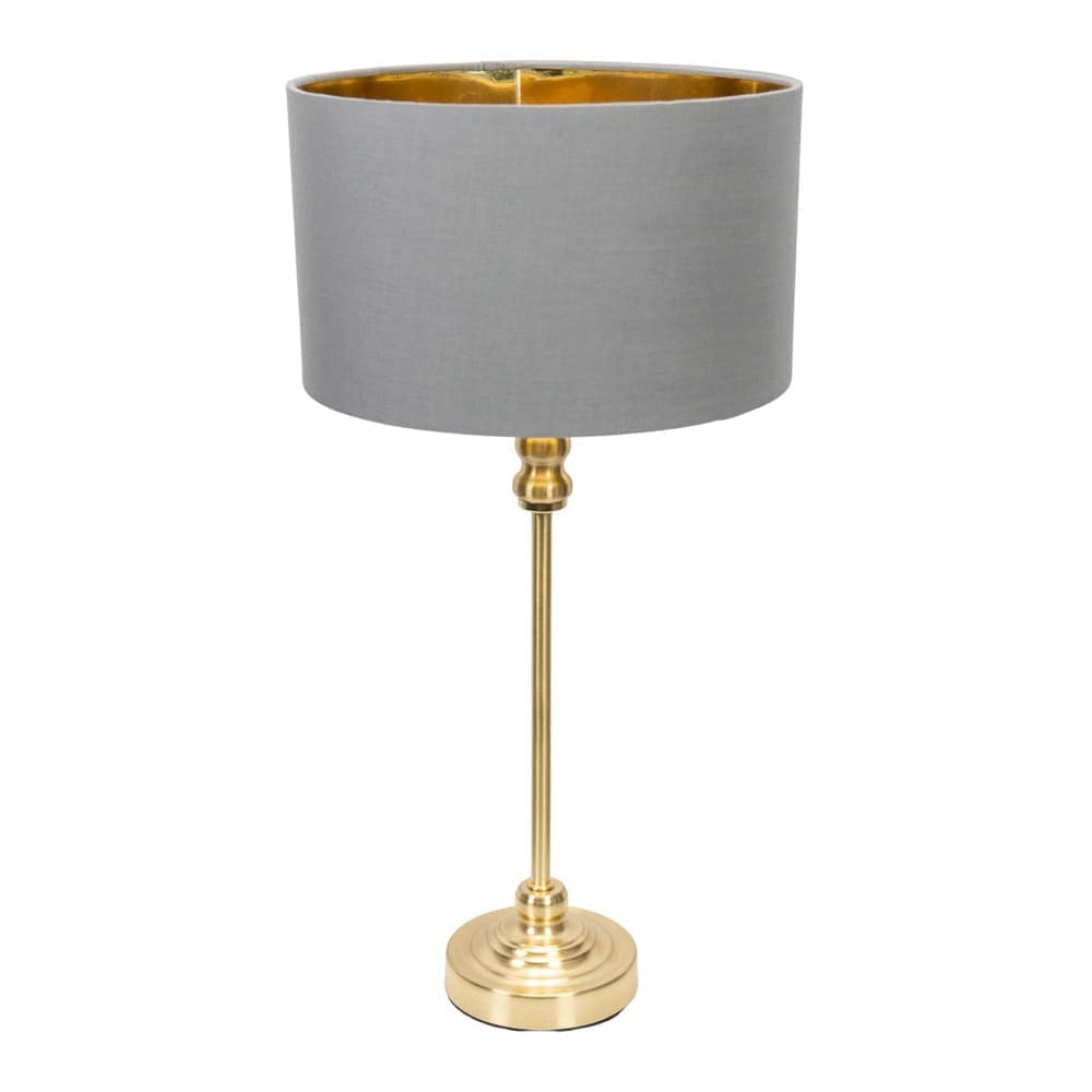 ValueLights Maggie Gold Candlestick Table Lamp with Fabric Drum with Gold Inner Lamp Shade in Grey