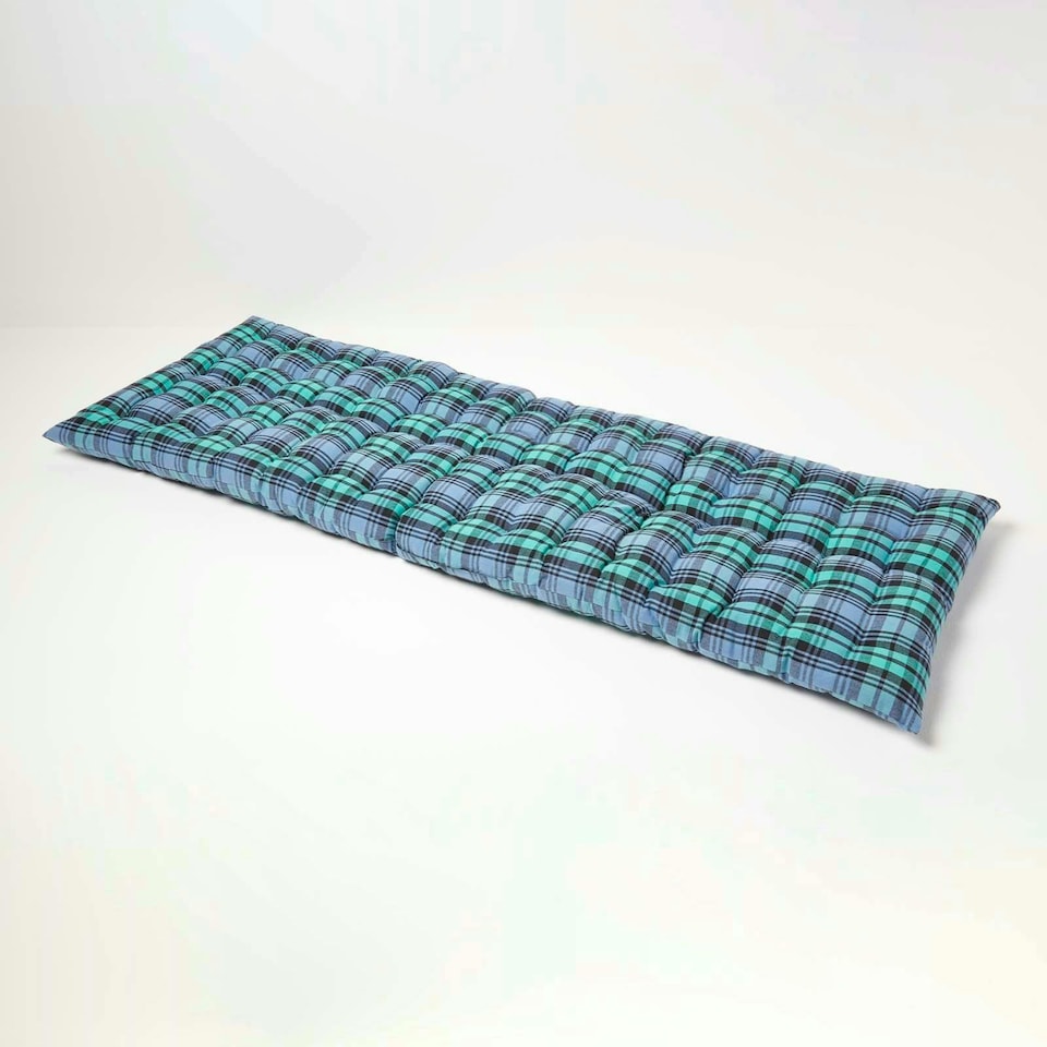 image 1 of Homescapes Garden Bench Cushion Luxury 3 Seater Cotton Tartan Indoor Outdoor Seat Pad | Green | 143 x 48 cm | 1