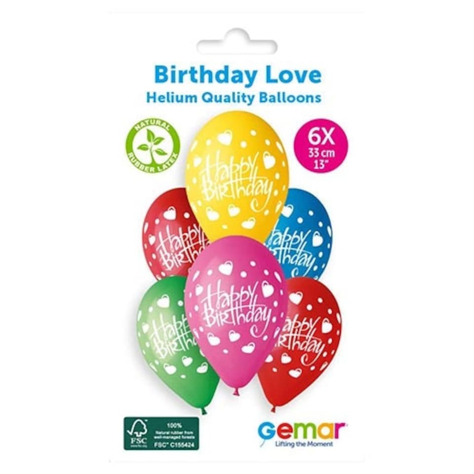 image 1 of Assorted Colour Happy Birthday Love Heart Latex Balloons 33cm / 13 in - Pack of 6