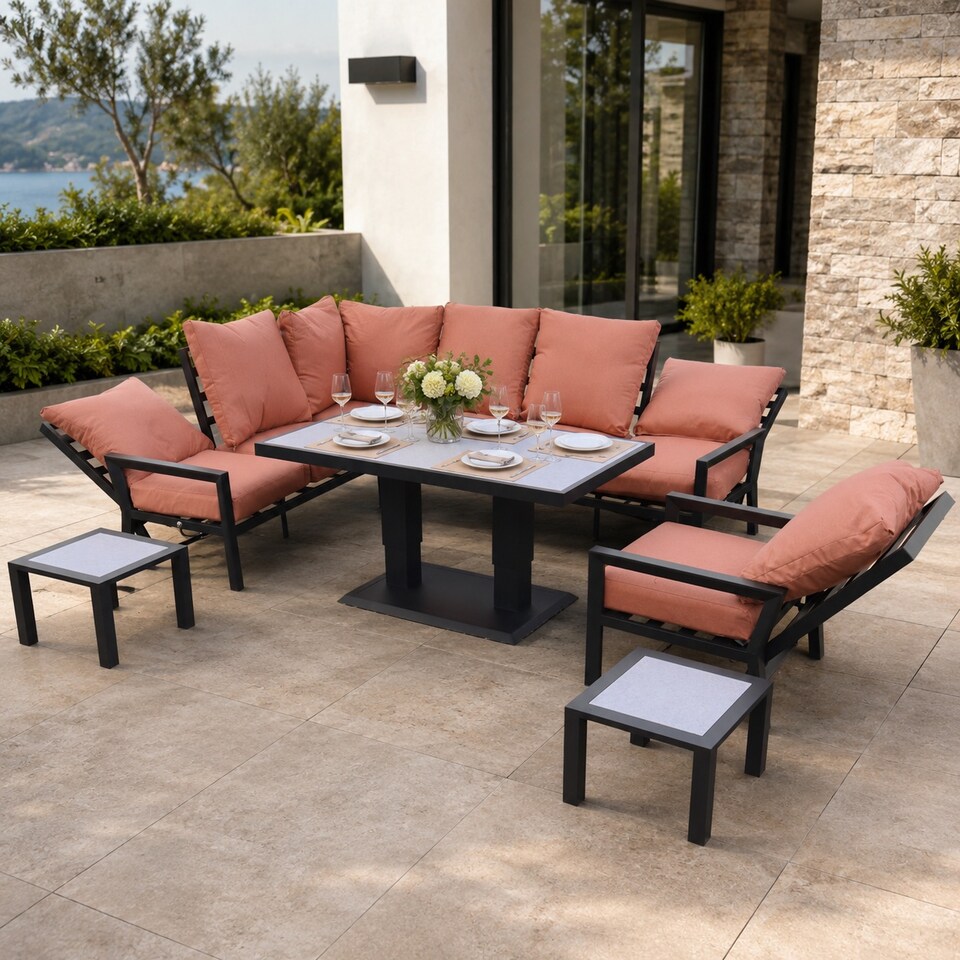 image 1 of Monte Carlo 7 Seater Aluminium Reclining Corner Garden Sofa Set with Gas Lift Table & Terracotta Cushions