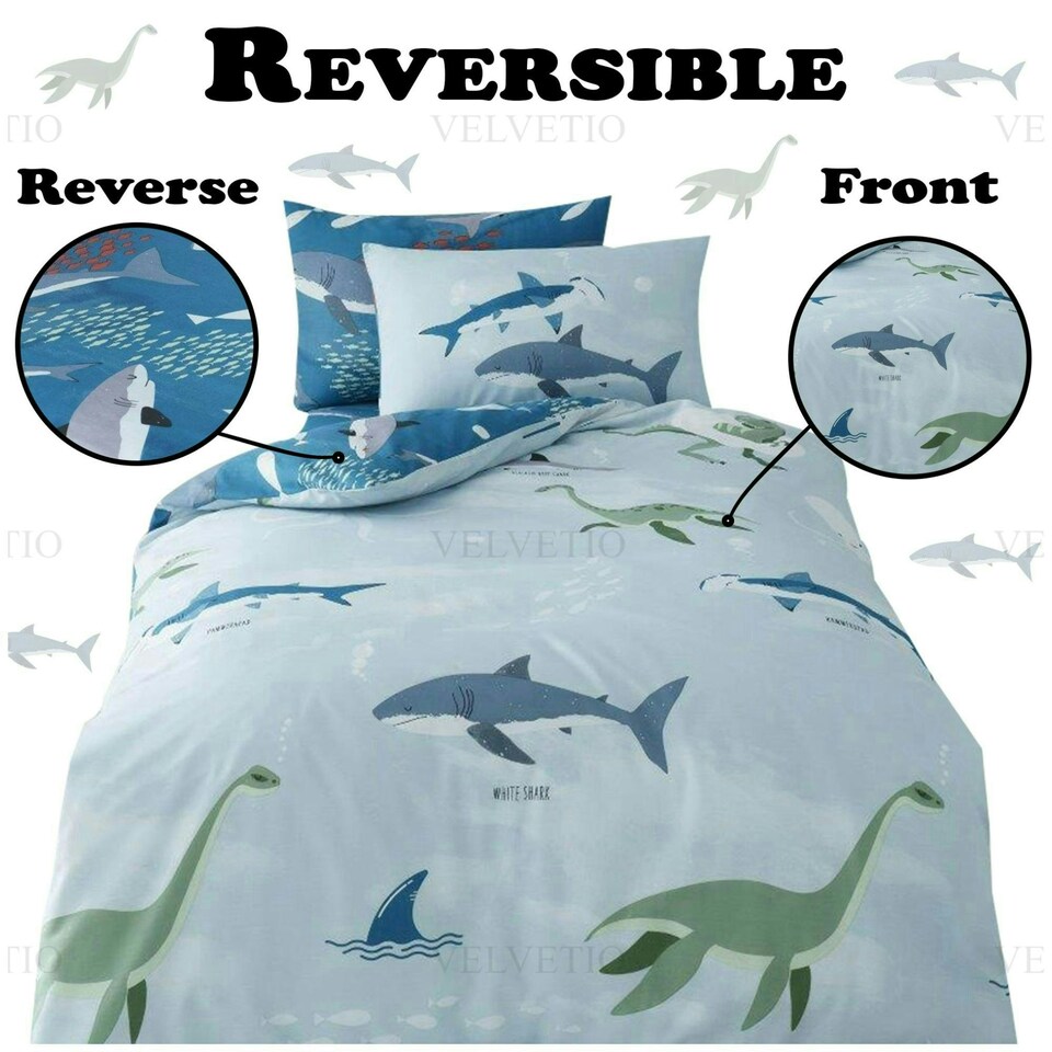 image 1 of VELVETIO Sea Dino Shark Duvet Cover Set Single Blue Soft Polycotton Reversible Kids Beddings Blue | Single