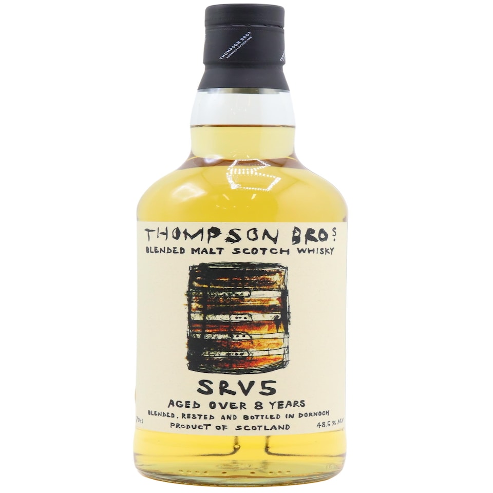 image 1 of Thompson Bros - SRV5 Blended Malt Scotch 8 year old Whisky | Multi | A tasty, affordable blended malt from from independent bottler Thompson Bros. in Dornoch. SRV5 (Station Road Vat 5) is a marriage created in European oak, non-chill filtered and natural colour bottled at 48.5% ABV, featuring artwork by KK Hiroshima on the label. Nose: Galia melon, lemongrass, apricot, cucumber, waxed lemons, green peppercorns & capers in brine, green apples, lime cordial, grapefruit bitters, green peppers, coastal peat & beach bonfires Palate: Greengage, cantaloupe melon, banana smoothie, lemon oil, grapefruit juice, capers, lemongrass, thyme, 1st press olive oil, candlewax and gentle smoke Finish: Lemon balm, thyme, camphor, earthy peat & gentle smoke. Long with a coating of waxiness | 1