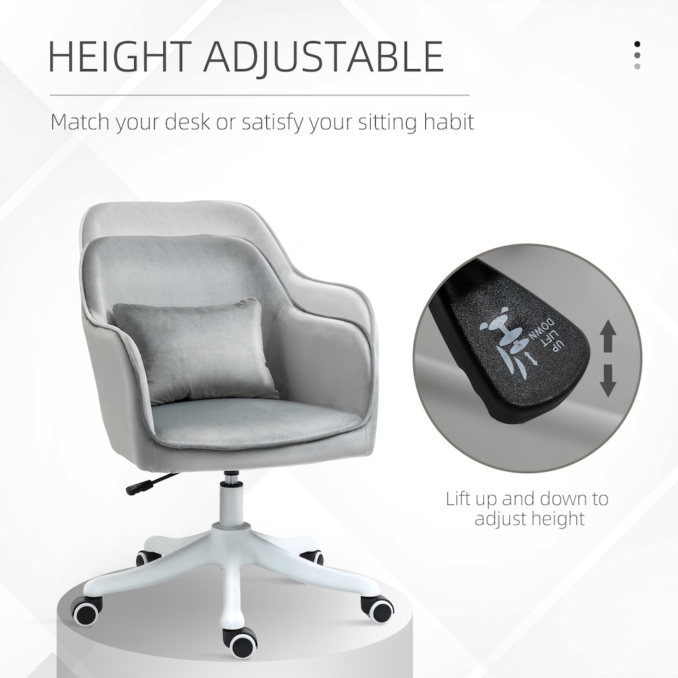 image 1 of Vinsetto Velvet Office Chair, Desk Chair, Makeup Vanity Chair with Massage Lumbar Pillow and Rolling Wheels for Bedroom and Home, Grey