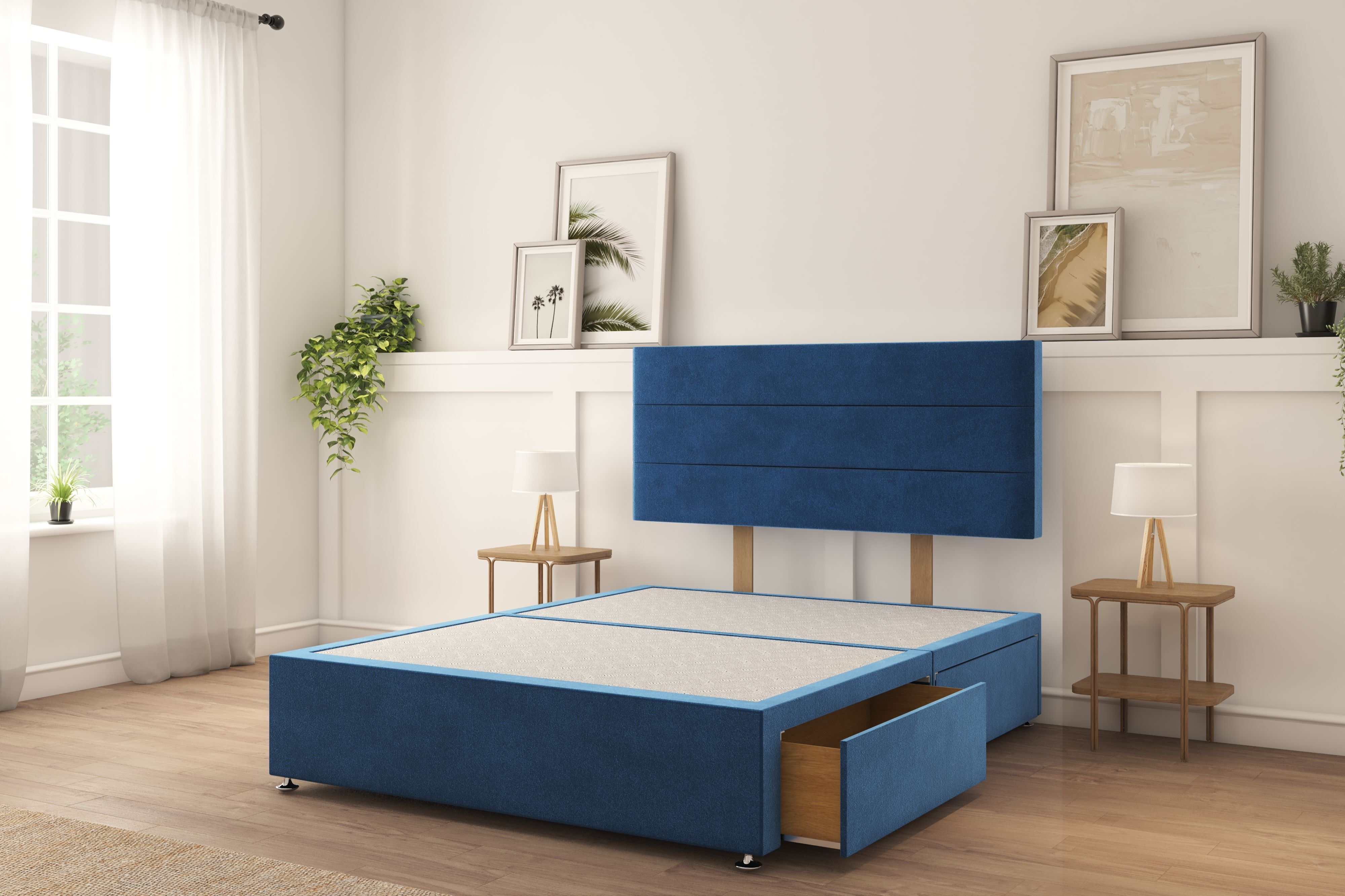 Sloomy Texas Navy Plush Divan Bed Base 2 Drawers Foot-End With 26" Strutted Headboard 6' Super King