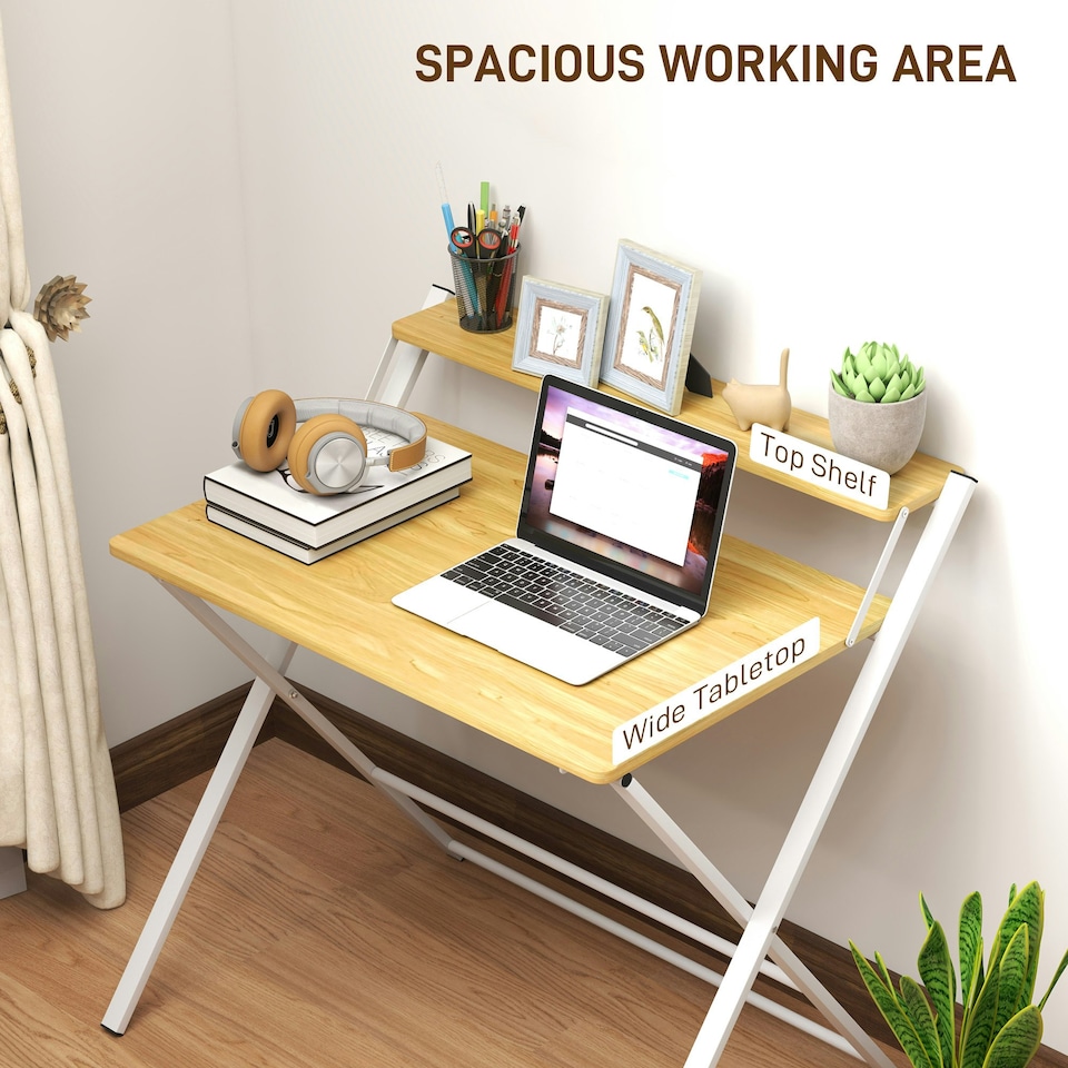 image 1 of HOMCOM Folding Desk with 2-Tier Shelf for Home Office, Maple Wood
