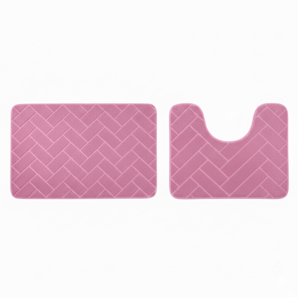 image 1 of 2 Piece Block Design Memory Foam Bath Mat Set Soft Absorbent Non-Slip Bathroom | Pink