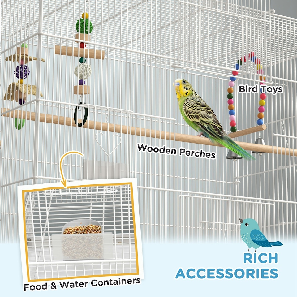 image 1 of PawHut Bird Cage with Stand, Wheels, Toys, for Budgies, Finches, White