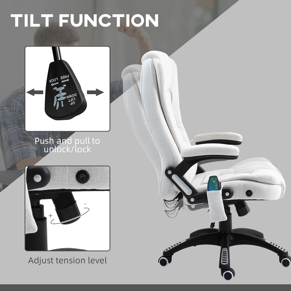 image 1 of Vinsetto Office Chair, Ergonomic Desk Chair with 6-Point Massage and Back Heated, Linen-Feel Fabric Computer Gaming Chair with Arms, Lumbar Support, Cream White