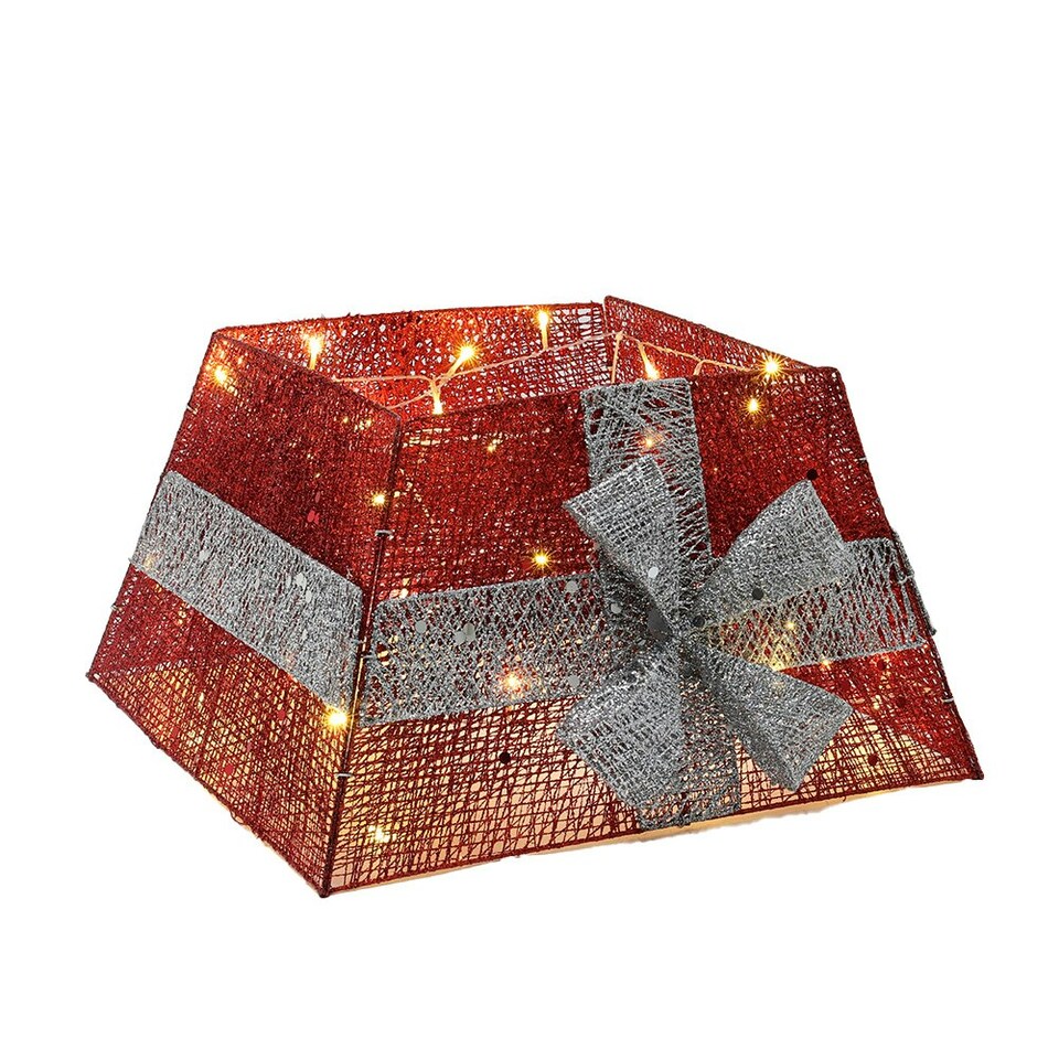 image 1 of Living and Home Square Christmas Tree Collar Skirt Decor with Bow Tie & Lights - Red