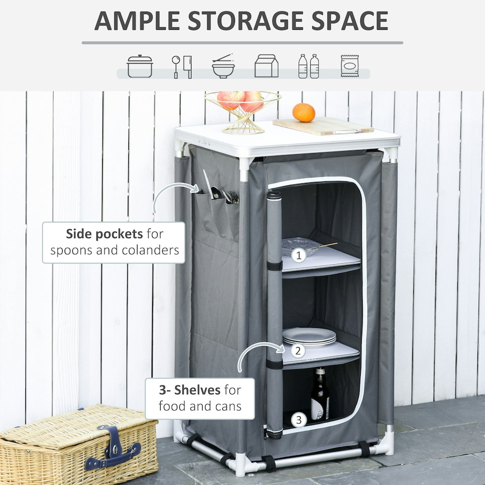 image 1 of Outsunny Outdoor 3-shelf Camping Cupboard Kitchen Station Cook Table Grey