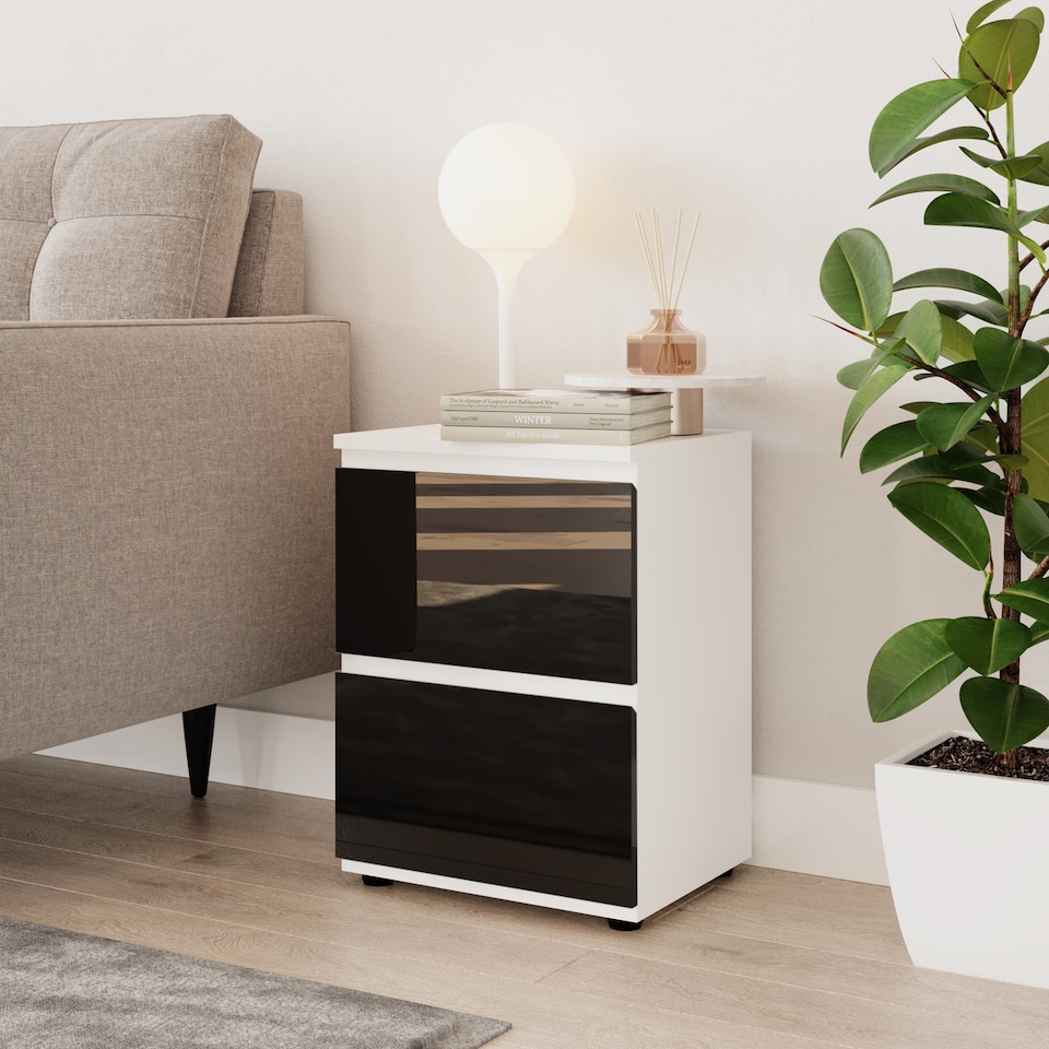 image 1 of Gloss 2 Drawer Skagen High Wooden Bedside Cabinet No Handle Drawer Storage | Multi | White & Black | 1