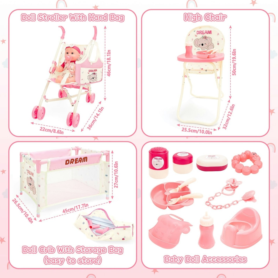 image 1 of Complete Baby Doll Accessories Nursery Set Pretend Role Play Cot Set for Kids Doll Crib Hogh Chair Prentend Play
