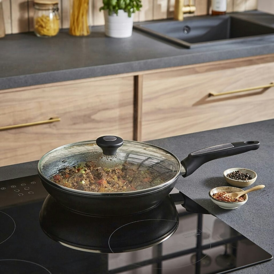 image 1 of Morphy Richards 28cm Forged Aluminium Lidded Frying Pan - Black