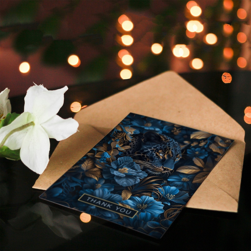 image 1 of Gold Nature Floral Jungle Woman Leopard Thank You Her Card