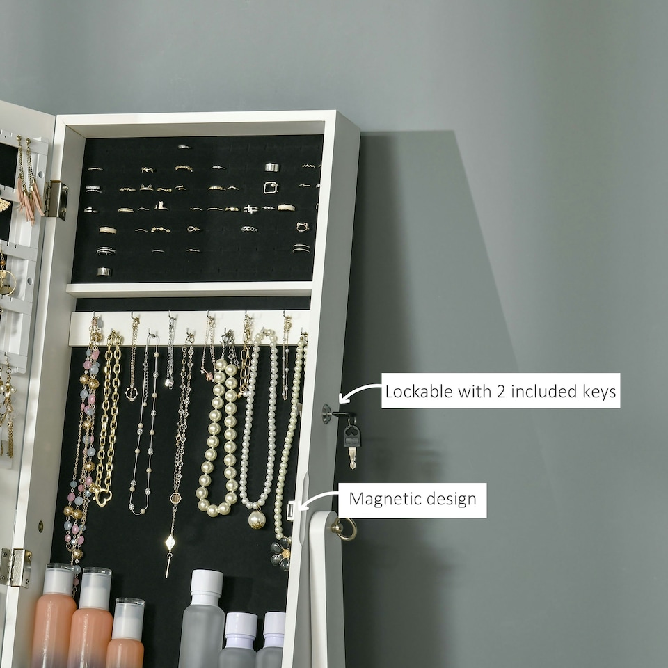 image 1 of HOMCOM Mirrored Jewellery Cabinet Lockable Jewellery Organiser for Bedroom White