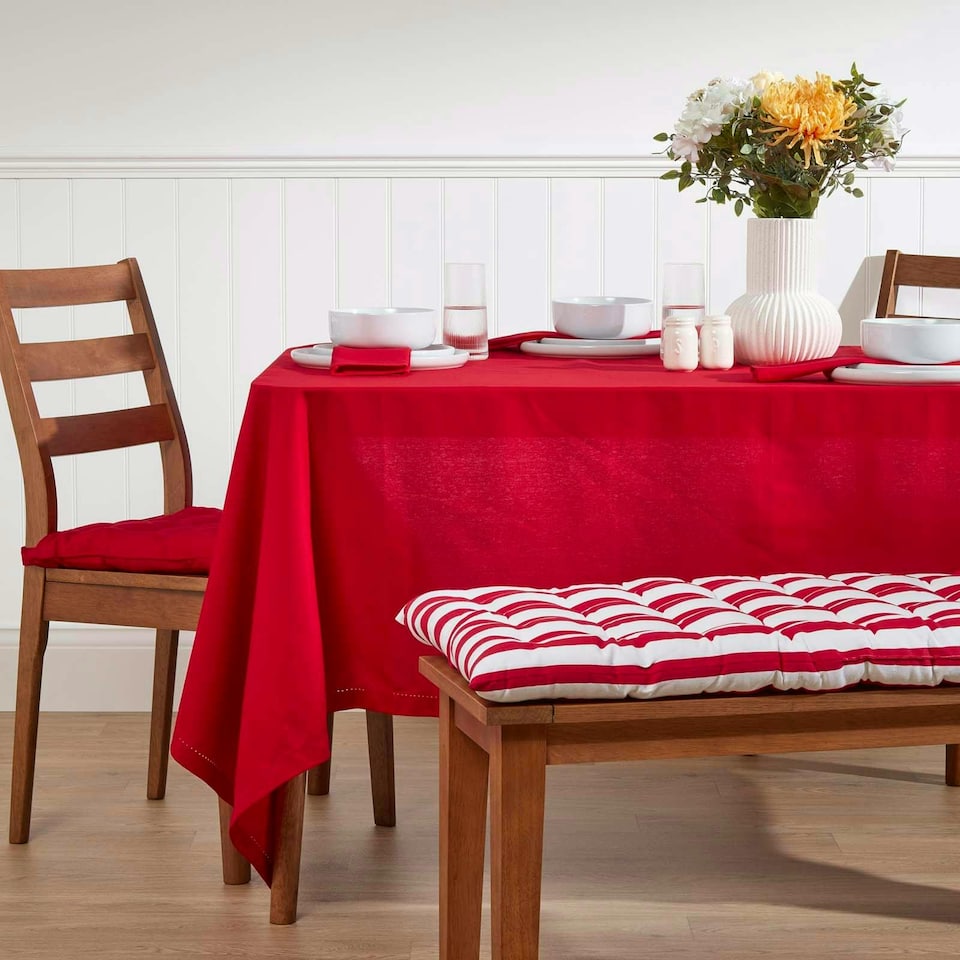 image 1 of Homescapes Garden Bench Cushion Luxury 3 Seater Cotton Stripe Indoor Outdoor Seat Pad | Red | 143 x 48 cm | 1