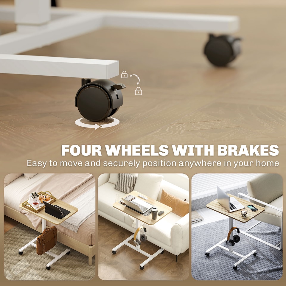 image 1 of HOMCOM Height Adjustable Standing Desk, Pneumatic Sit Stand Desk for Laptop, Mobile Overbed Table with Wheels and Headphone Hook for Home Office, Natural Wood Finish