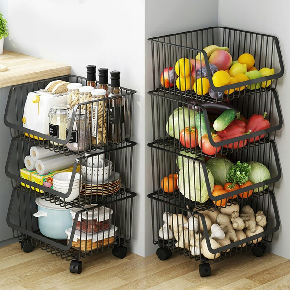image 1 of Living and Home Stackable Rolling Wire Storage Basket Trolley
