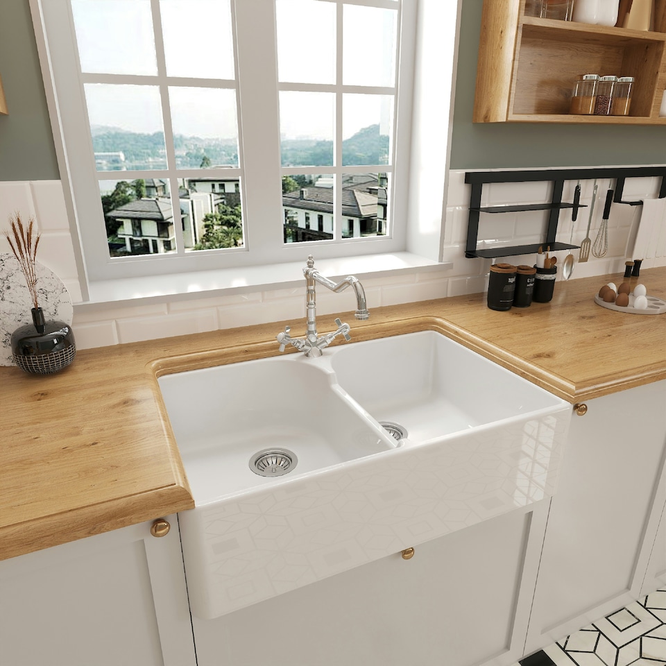 image 1 of 795mm - Double Bowl Fireclay Butler Kitchen Sink - Stepped Weir, Classic Tap  & Waste