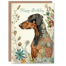 Happy Birthday Doberman Dog and Spring Flowers Birthday Card
