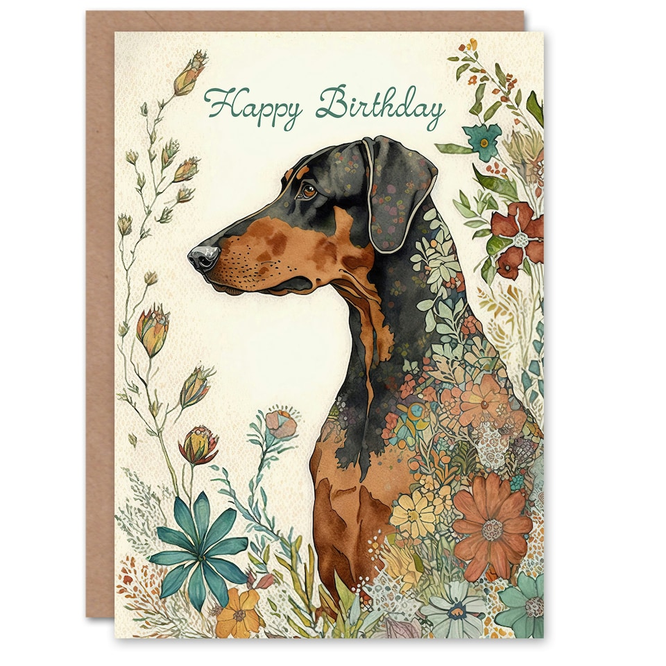 image 1 of Happy Birthday Doberman Dog and Spring Flowers Birthday Card