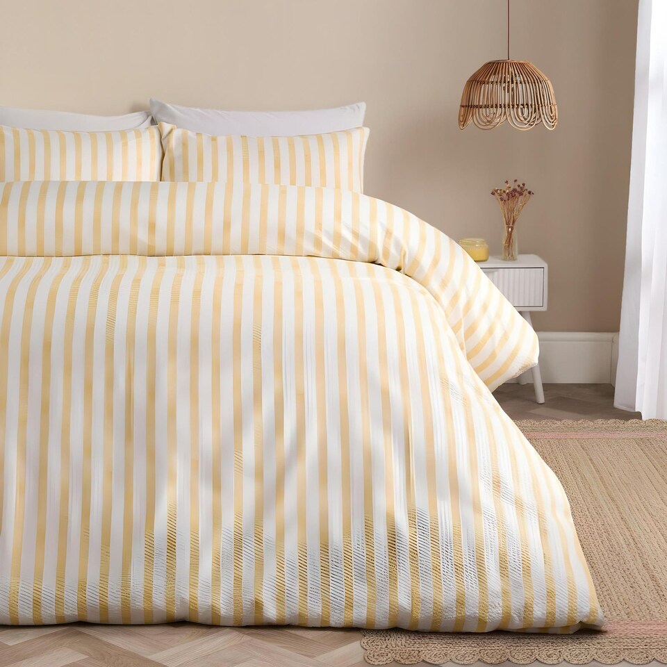 image 1 of OHS Watercolour Stripe Embossed Bedding Set Duvet Cover with Pillowcase | Yellow | Lemon | Double