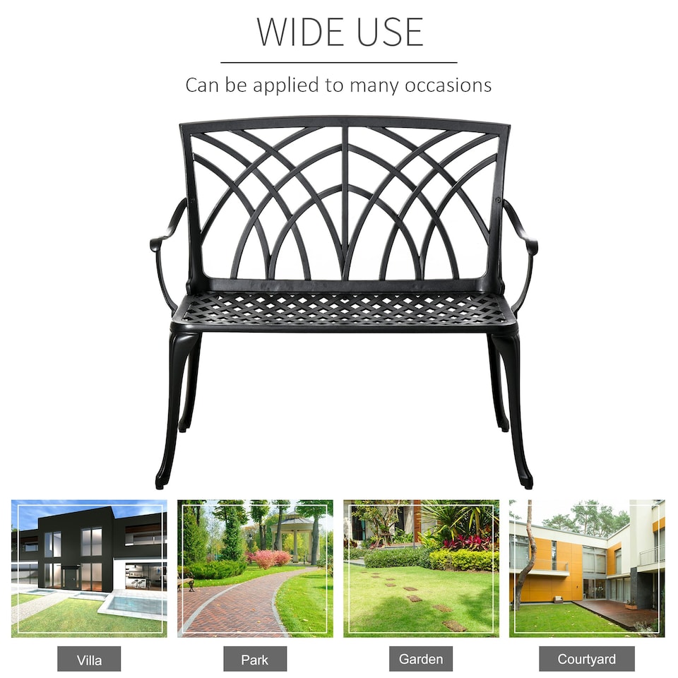 image 1 of Outsunny 2-Seater Cast Aluminium Garden Bench Loveseat Ergonomic Armrest