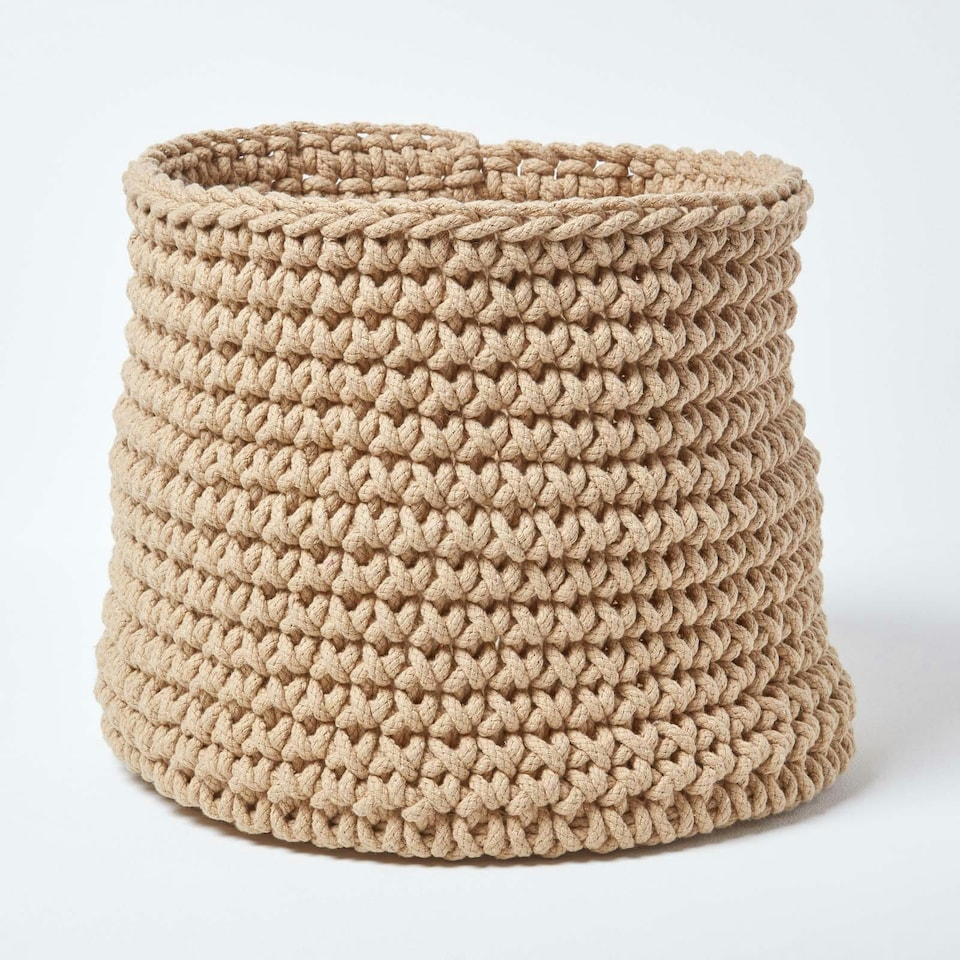 image 1 of Homescapes Linen Cotton Knitted Round Storage Basket - 42 x 37 cm Cream | L